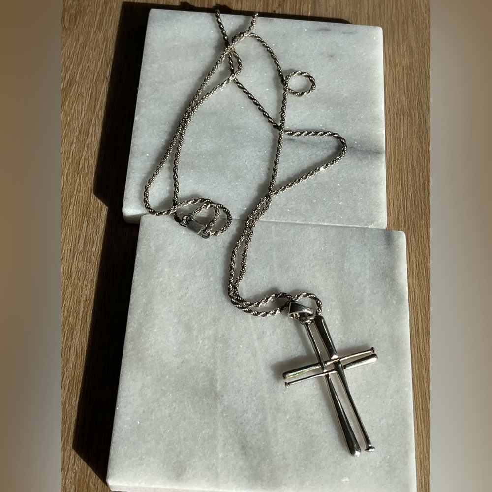 Sterling Silver baseball or softball bats cross pendant and necklace